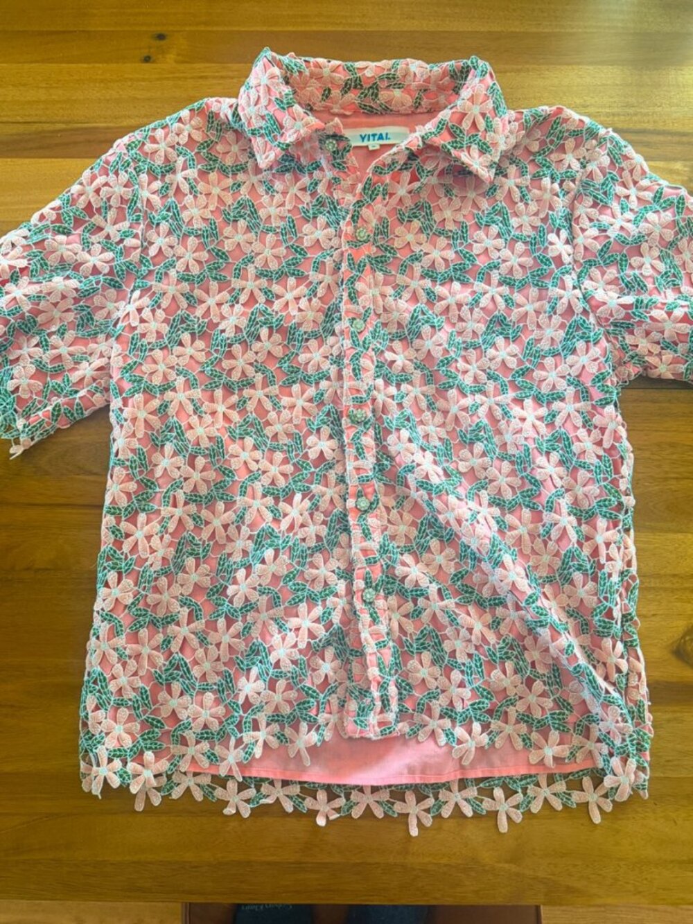 Yitai Guipure Lace Floral Shirt — XL — Coral/Sage